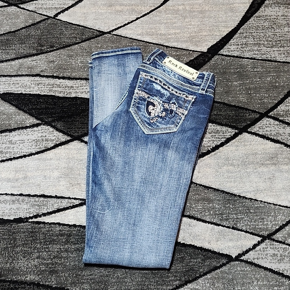 ROCK REVIVAL LUIZA RHINESTONES EMBROIDERED DESTRUCTION LONG SKINNY DENIM…